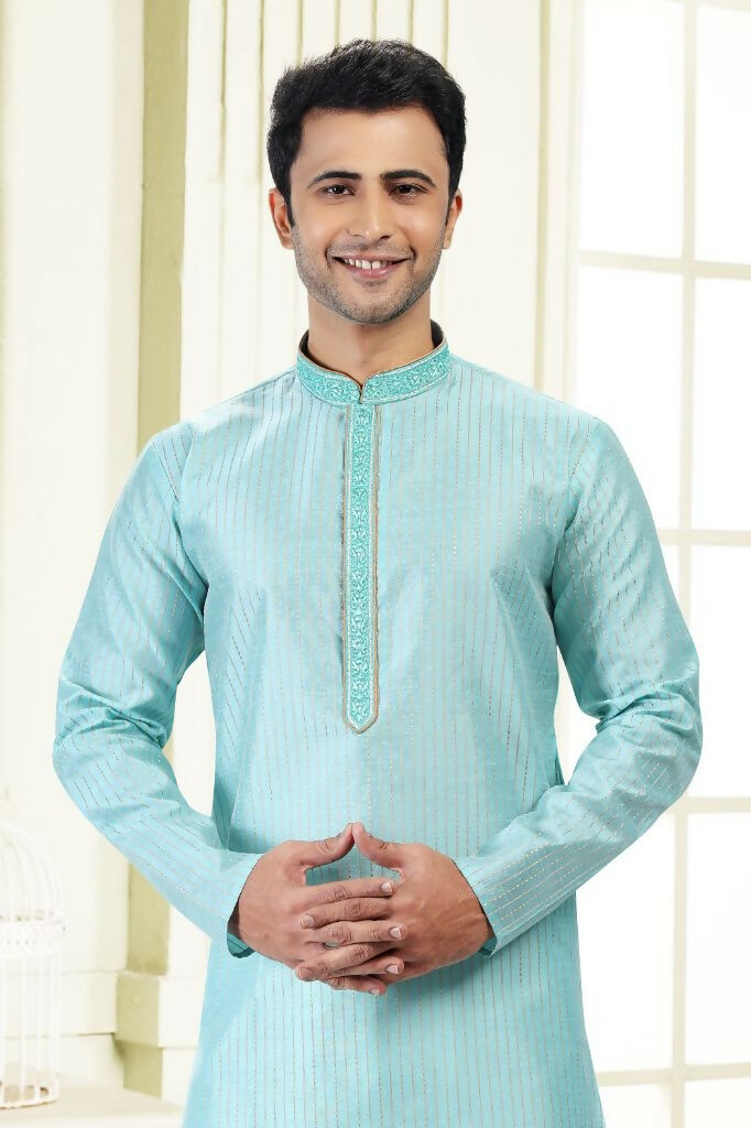 Raivat Ethnic Jacquard Art Silk Thread Work Kurta Pajama In Sky Blue Colour | Grocsy