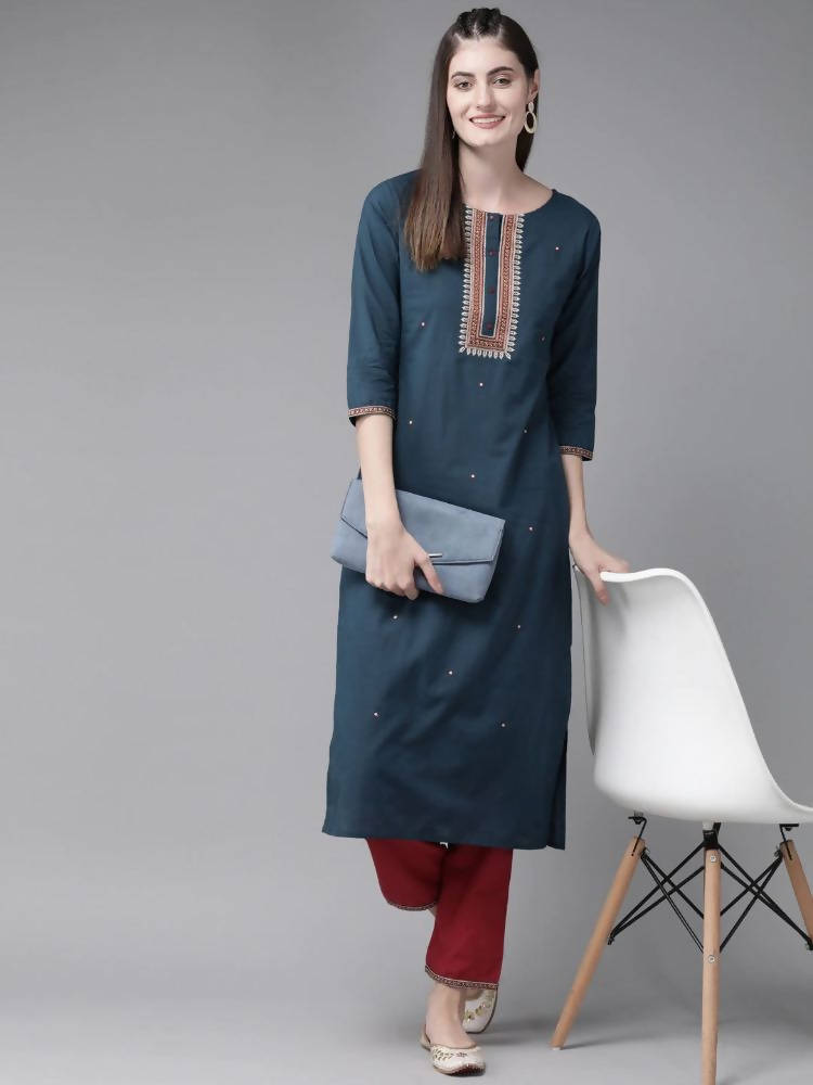 Yufta Navy Blue and Maroon Embroidered Kurta Palazzo Set | Grocsy