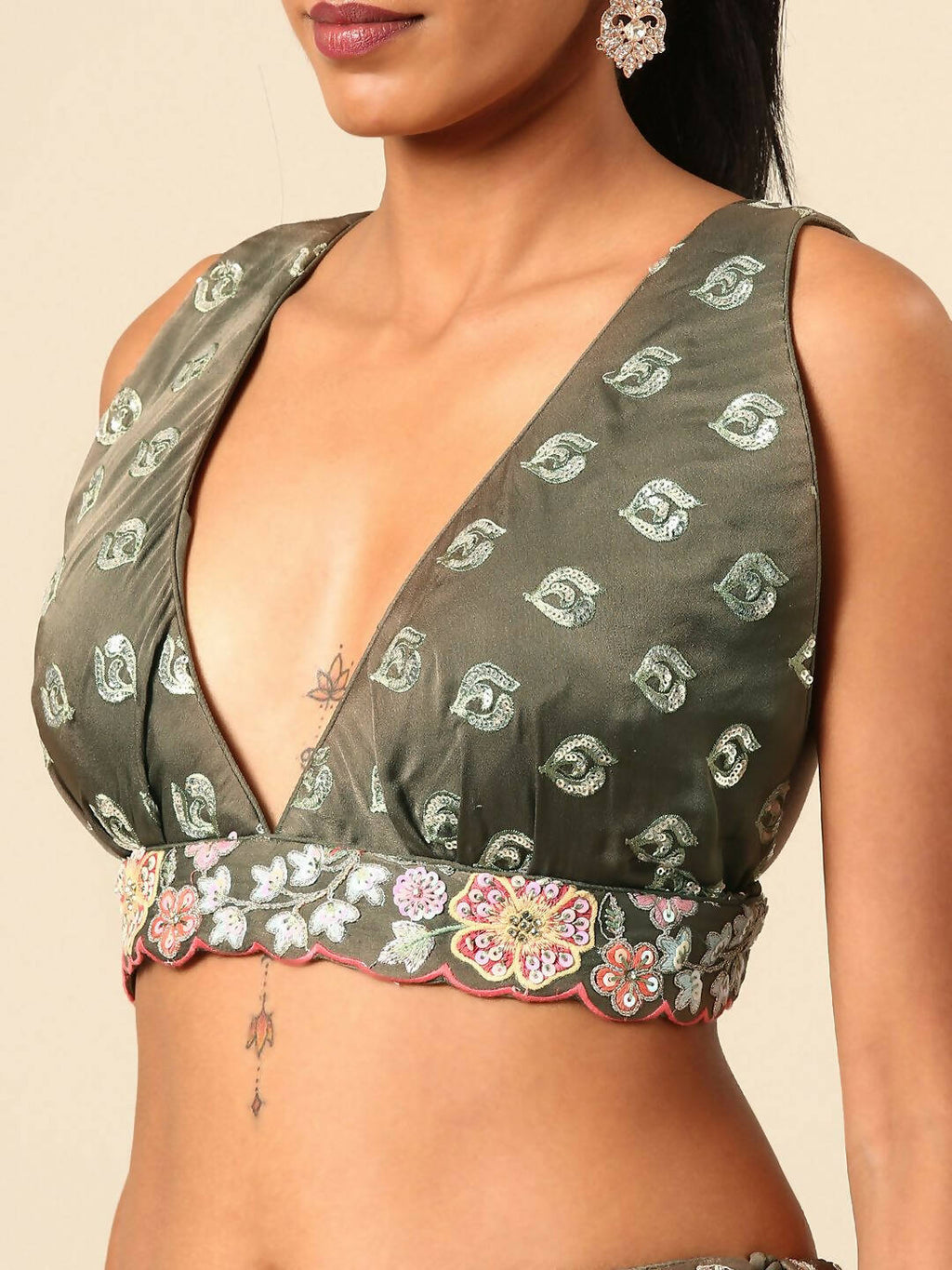 House of Panchhi Olive Chinon Sequins embroidery Lehenga choli & Dupatta | Grocsy