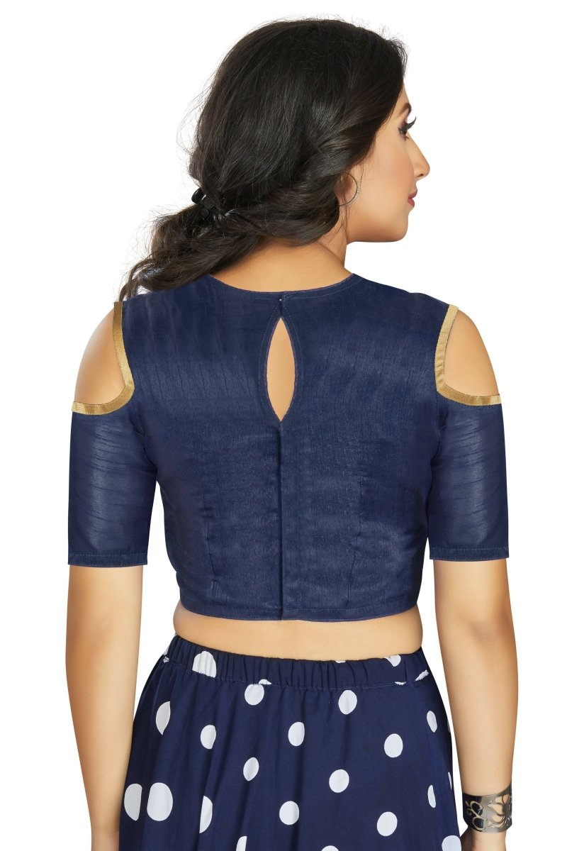Aastha Fashion Women's Navy Blue Art Silk Cold Shoulder Sleeve Readymade Blouse | Grocsy