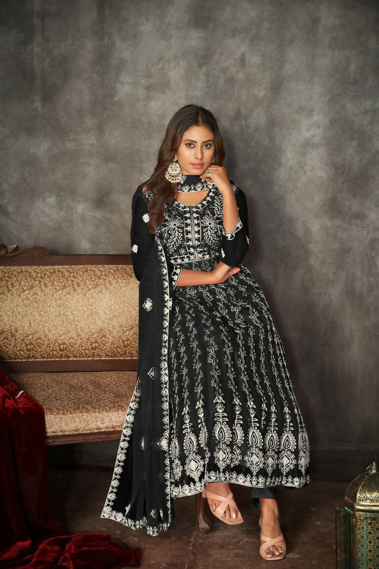 Jyoti Fashion Women's Black Net Embroidered Anarkali Kurta Pant Set With Dupatta | Grocsy