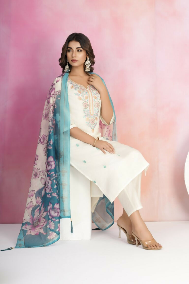Ethnic Festive Wear Viscose Chanderi Off White Stitched Suit With Dupatta - Tanisha | Grocsy