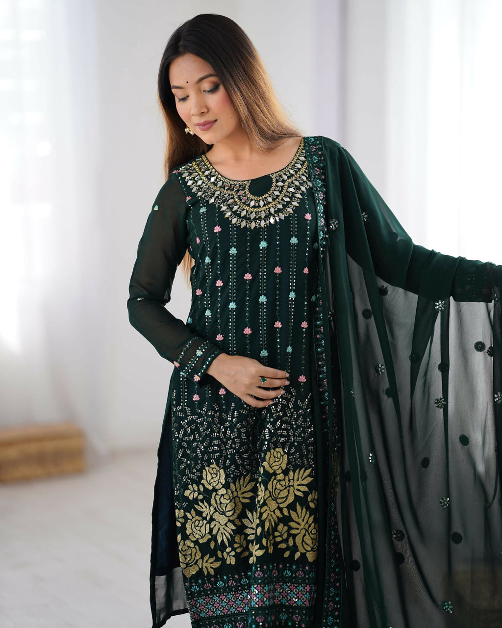Joban Fashion Dark Green Kurta set with Pant Georgette Thread with Sequins work | Grocsy