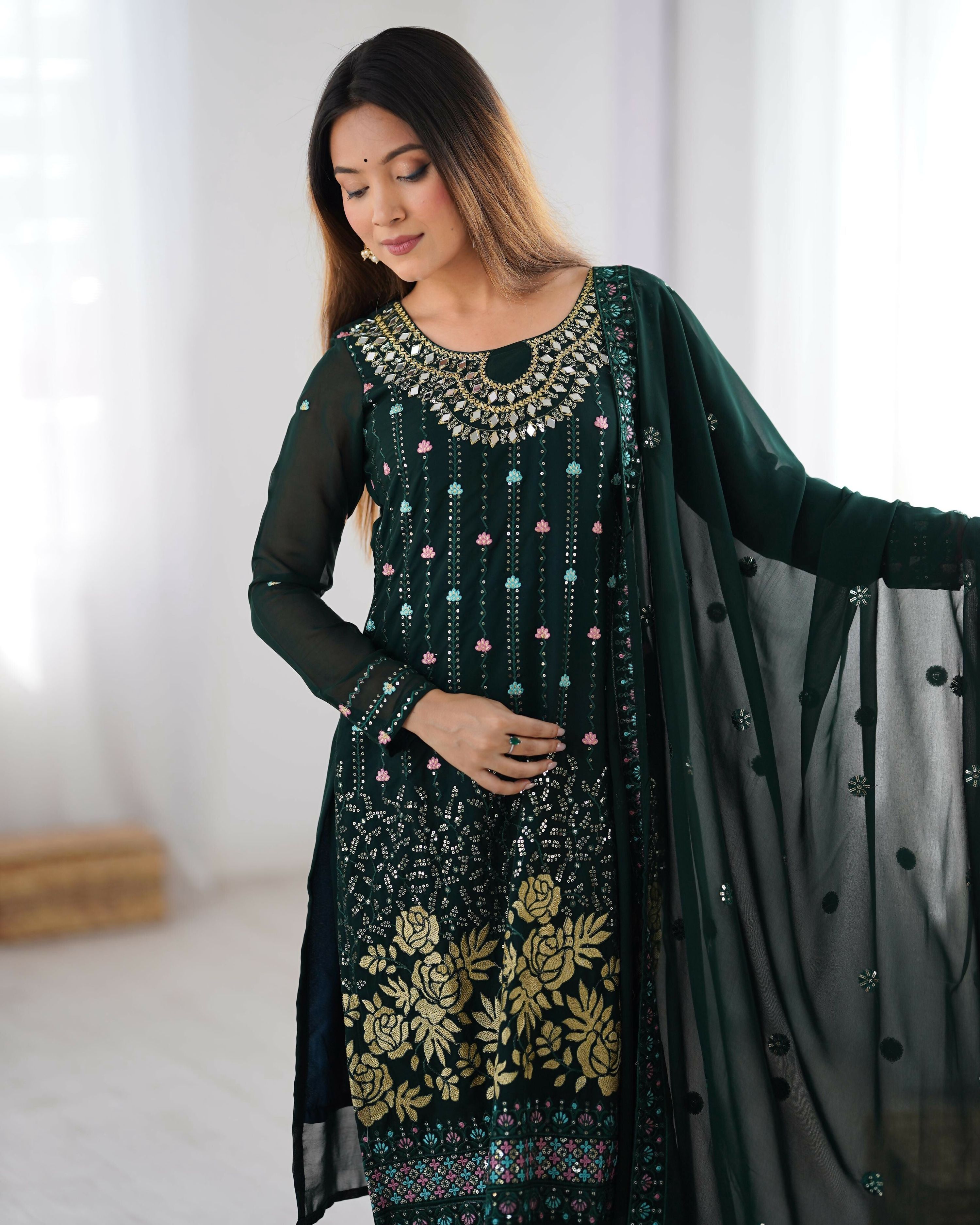 Joban Fashion Dark Green Kurta set with Pant Georgette Thread with Sequins work | Grocsy
