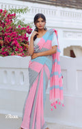 Zibaa Hand-Dyed Mul Cotton Striped Saree with Tassels | Grocsy