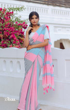 Zibaa Hand-Dyed Mul Cotton Striped Saree with Tassels | Grocsy