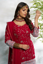 Aayaa Designer Faux Gorgette Embroidery Zari Sequins Thread work Full Flaired plazzo Suit with Dupatta - Maroon | Grocsy