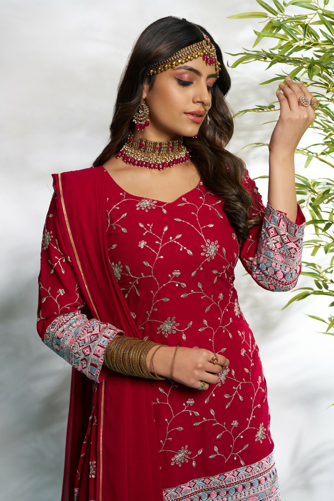 Aayaa Designer Faux Gorgette Embroidery Zari Sequins Thread work Full Flaired plazzo Suit with Dupatta - Maroon | Grocsy