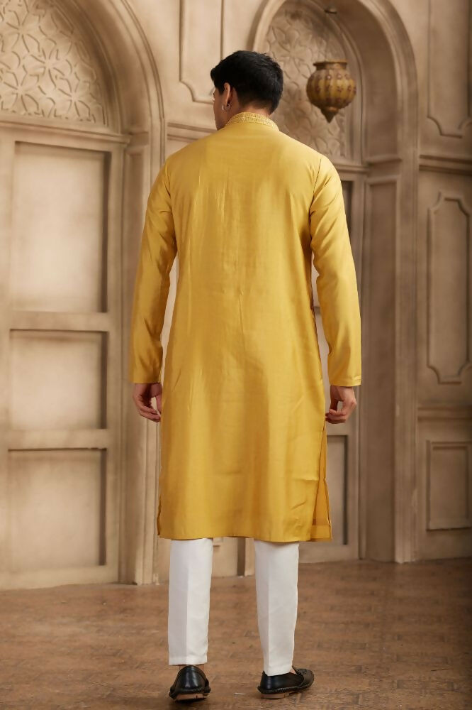 Raivat Ethnic Banarasi Art Silk Mirror Work Kurta Pajama In Rust Colour | Grocsy