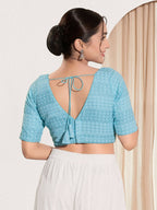 Joban Fashion Light Blue Crochet Padded Blouse With V Neck Elbow Sleeves | Grocsy