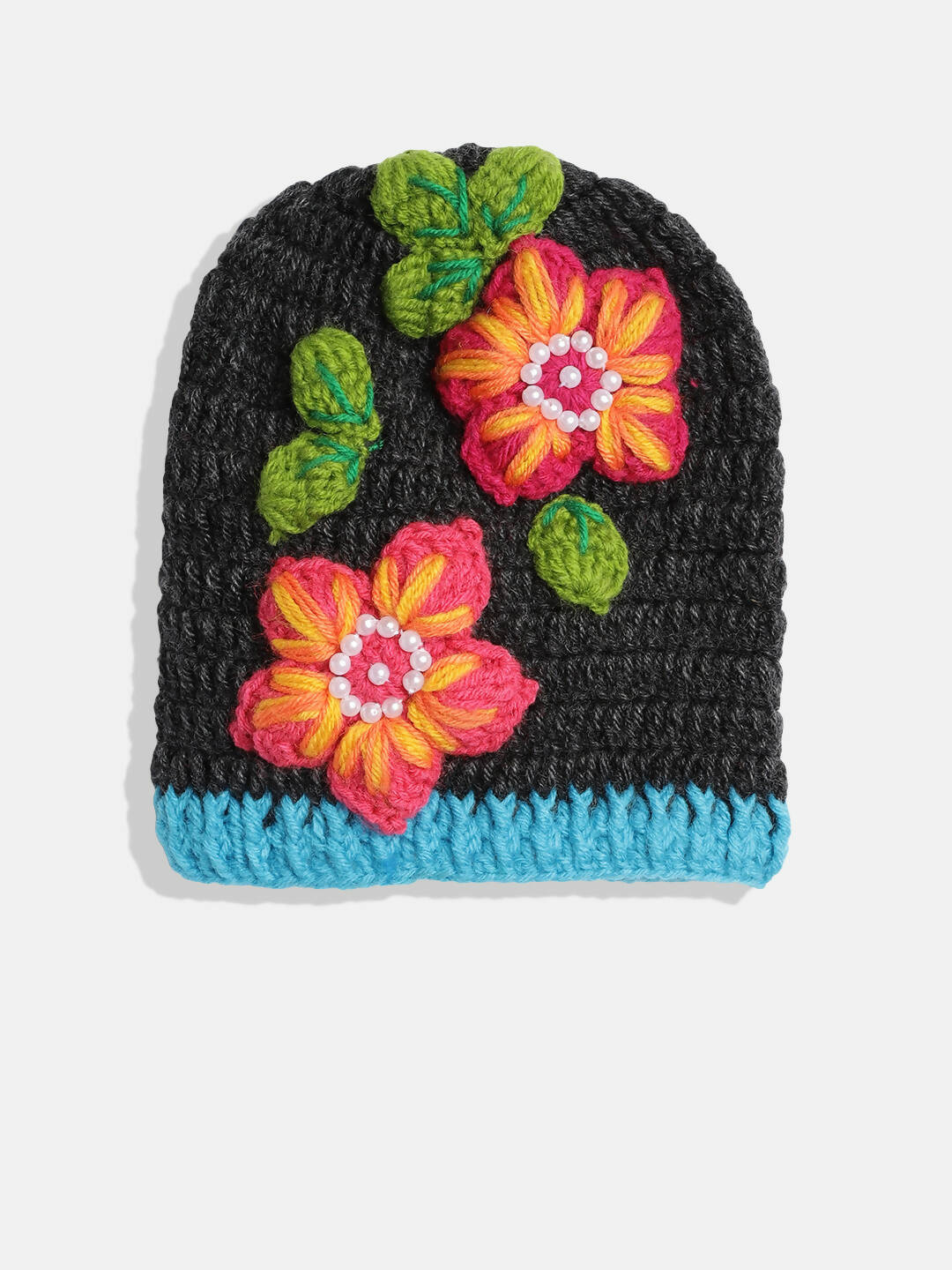 Chutput Kids Woollen Hand Knitted Flower And Beads Embellished Cap - Grey | Grocsy