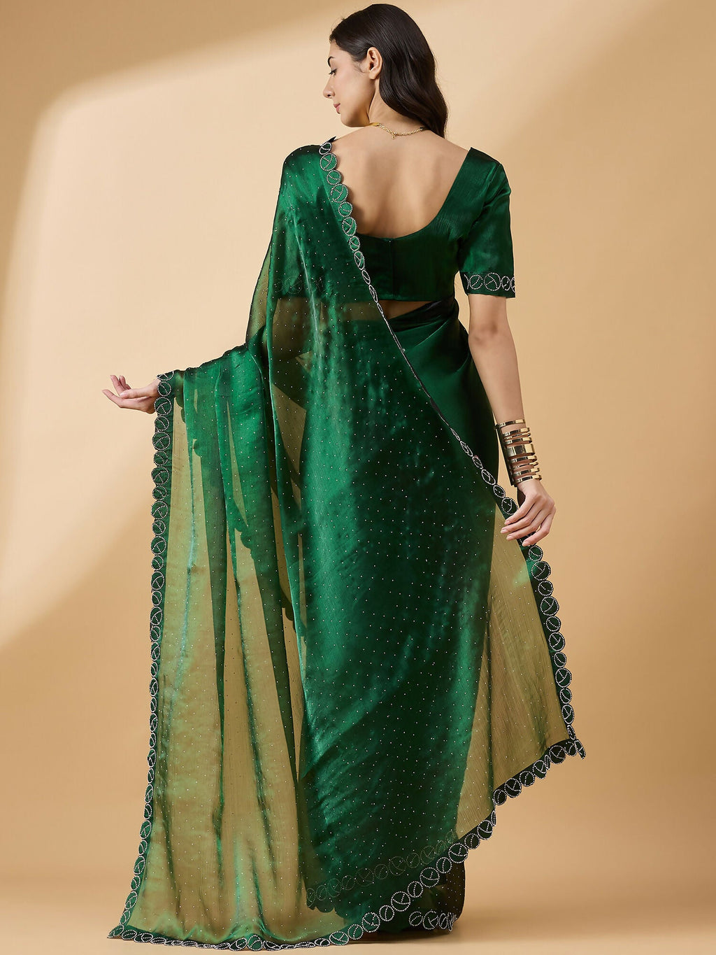 Green Organza Swaroski Diamond Work Saree with Unstitched Blouse - Radha | Grocsy