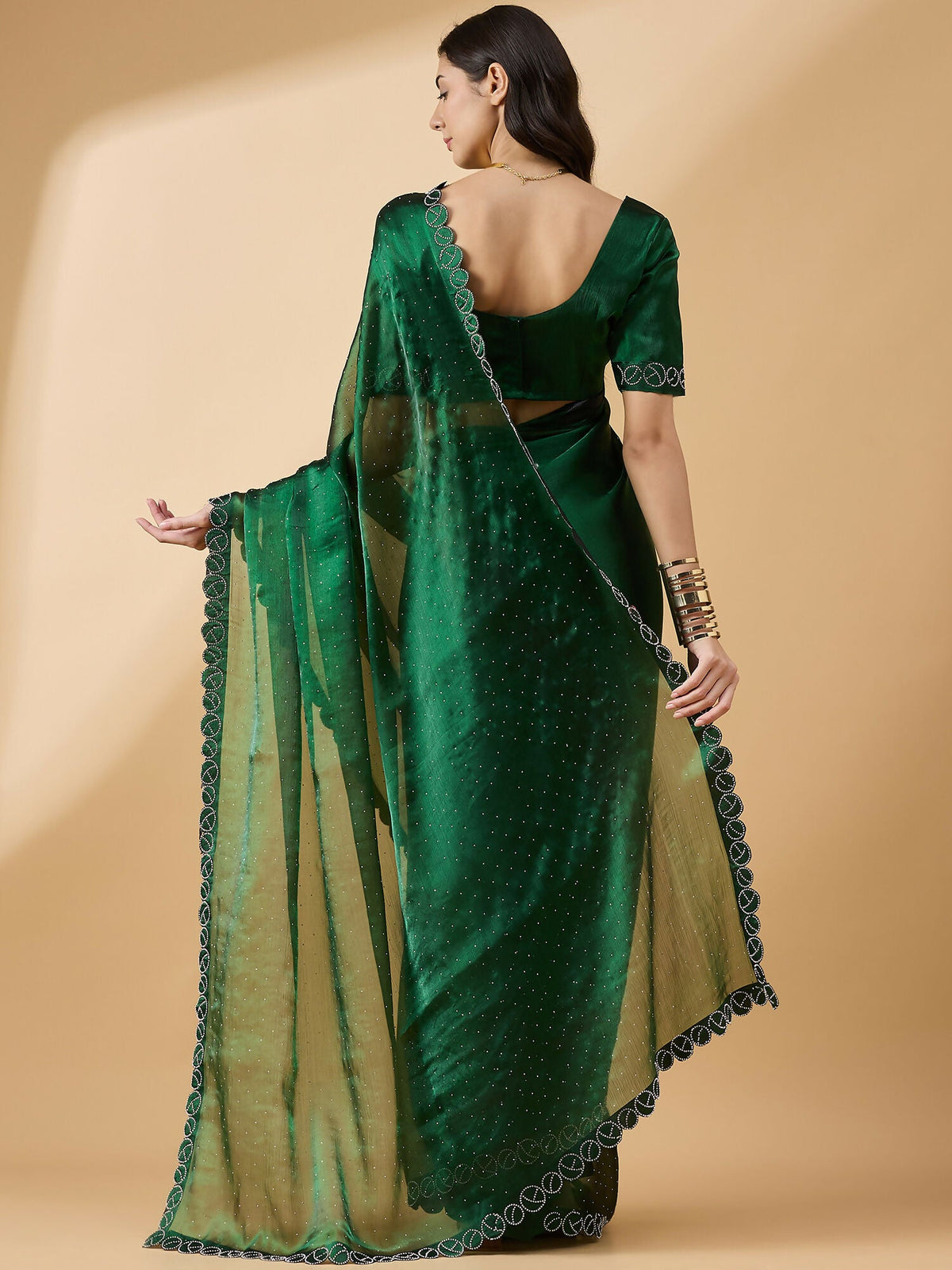 Green Organza Swaroski Diamond Work Saree with Unstitched Blouse - Radha | Grocsy