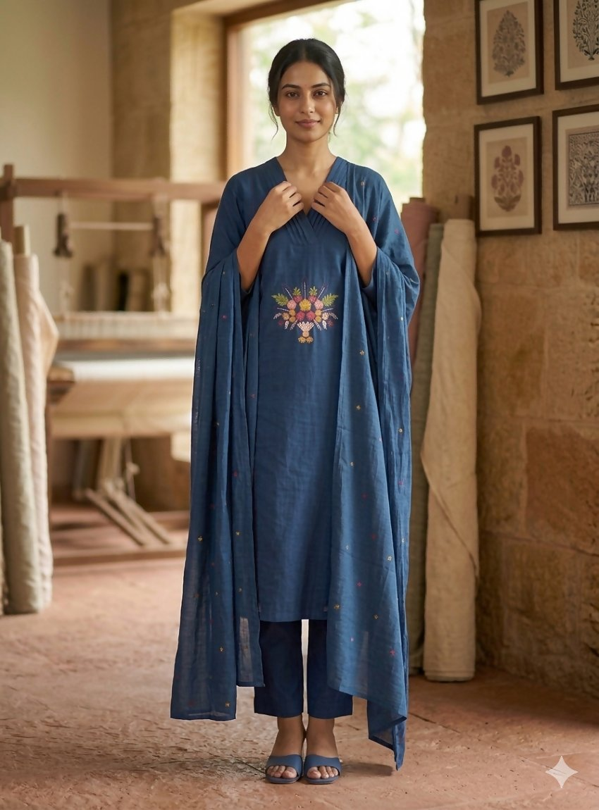 Teeya Creation Indigo Blue Straight Kurta Pant Set With Matching Dupatta | Grocsy
