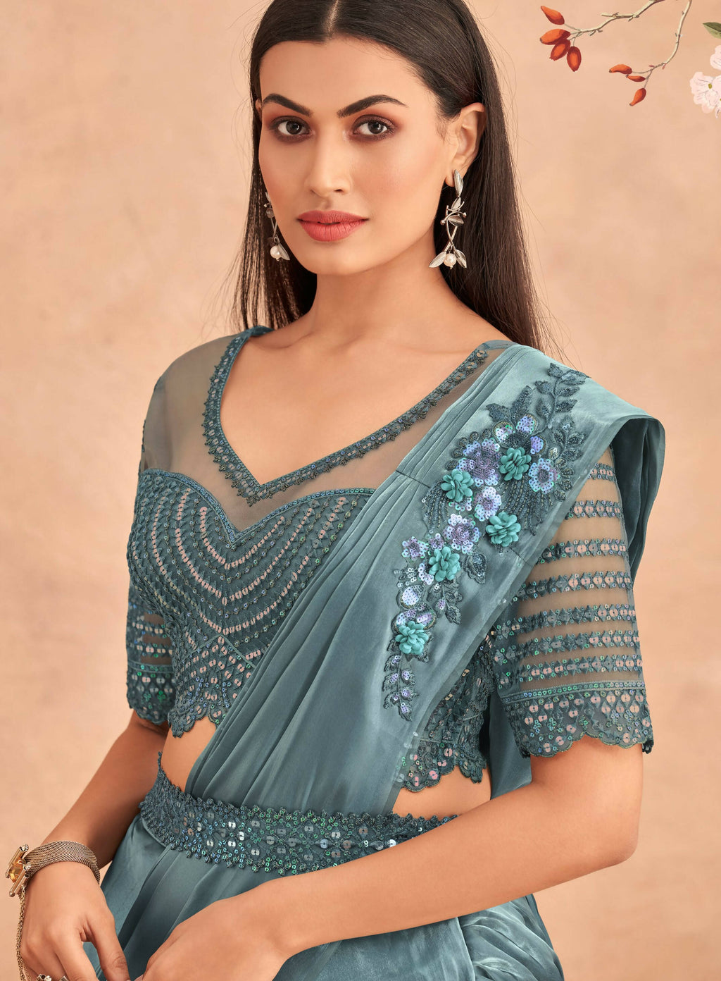 Blue Satin Embroidered Ready To Wear Saree With Unstitched Blouse Piece - Nandika | Grocsy