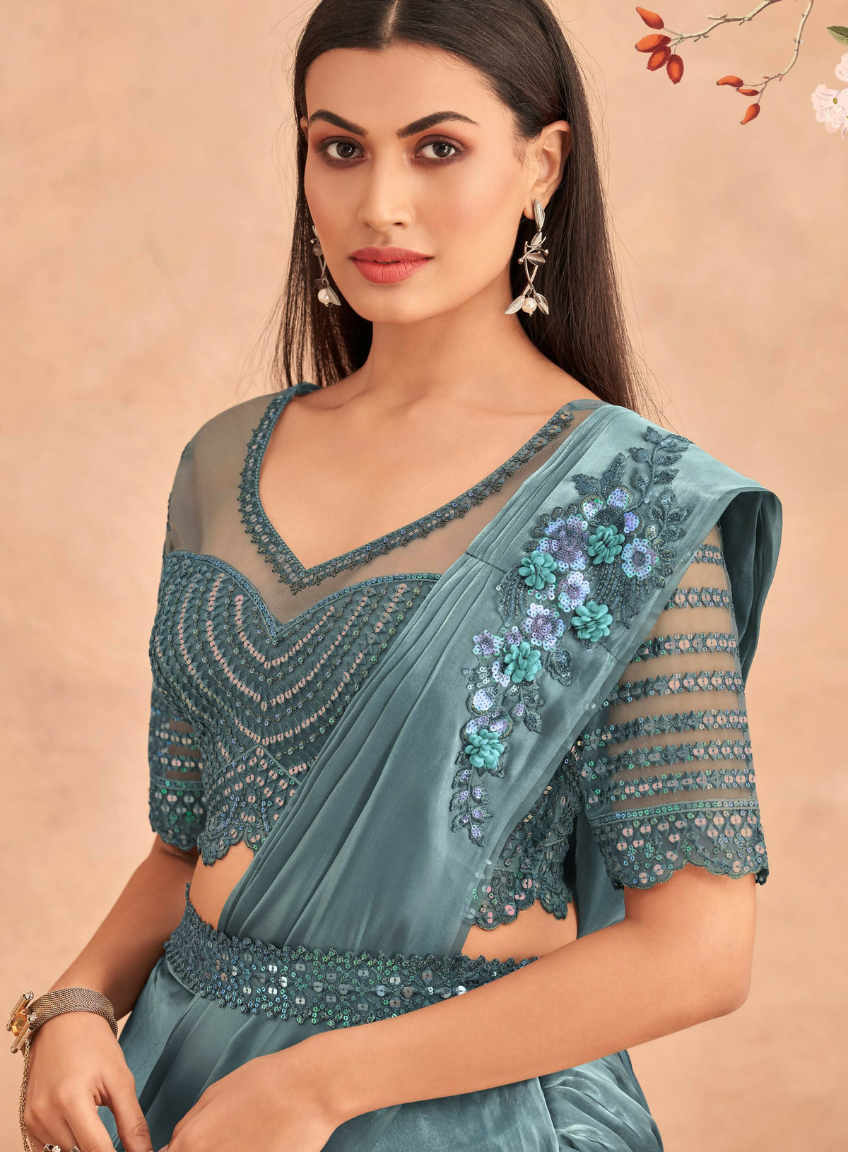 Blue Satin Embroidered Ready To Wear Saree With Unstitched Blouse Piece - Nandika | Grocsy