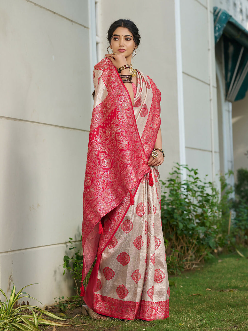 Shree Shyam Fashion Cream With Red Silk Blend Saree | Grocsy