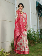 Shree Shyam Fashion Cream With Red Silk Blend Saree | Grocsy