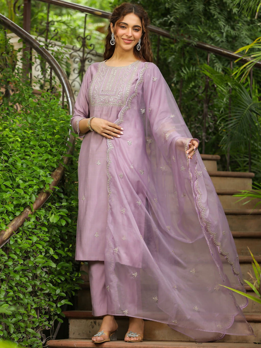 Janasya Lavender Silk Blend Solid Kurta,Bottom & Dupatta | Grocsy