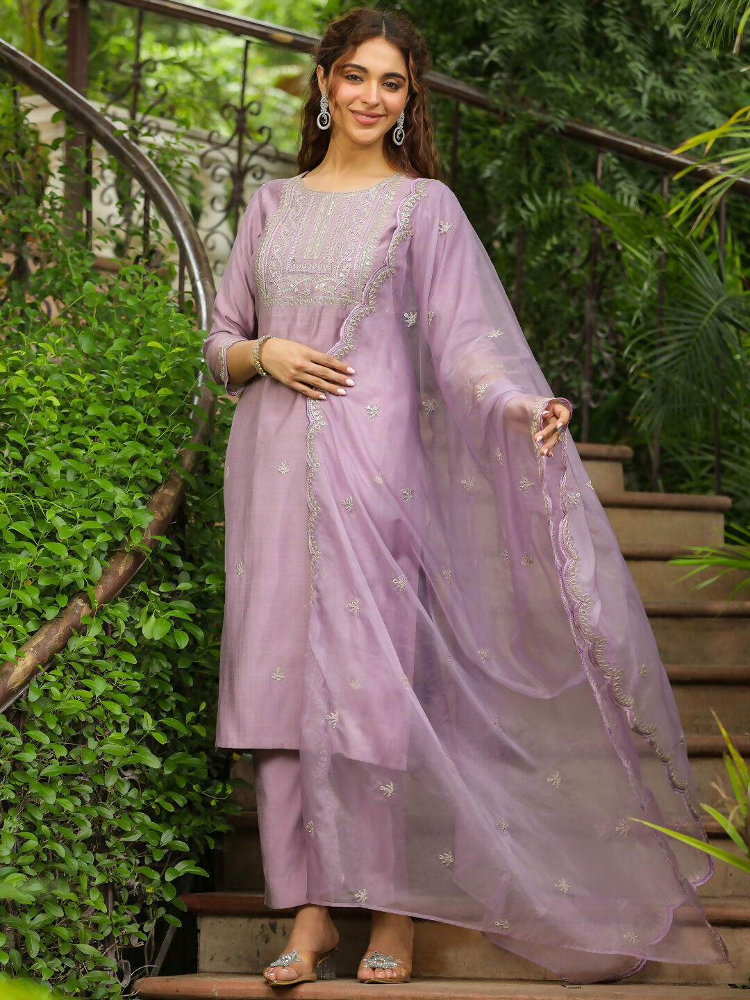 Janasya Lavender Silk Blend Solid Kurta,Bottom & Dupatta | Grocsy