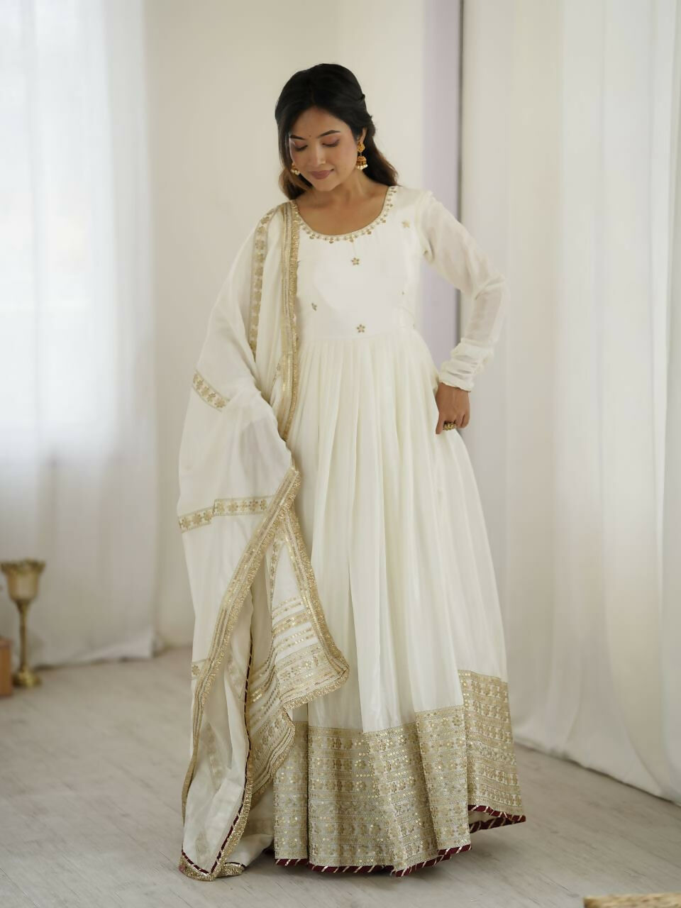 The52 Women's Gorgeous Chinon Silk Fabric Embroidery Work Flared Anarkali Pant and Dupatta Set | Grocsy