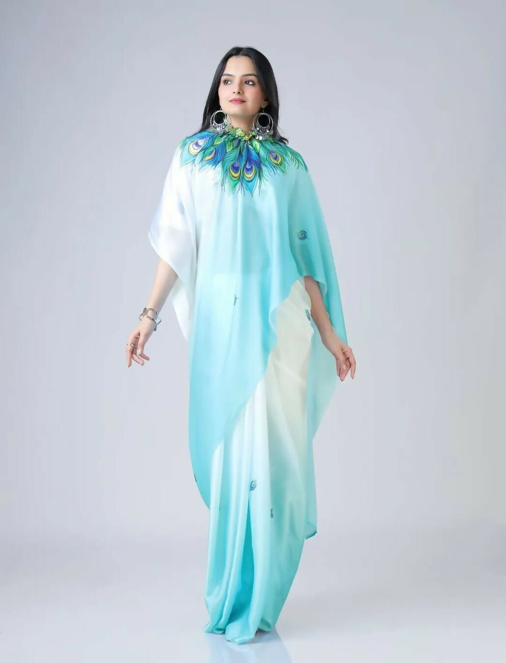 Vastranavya Sky Blue & White Ready to Wear Peacock Print Free Hand Saree | Grocsy