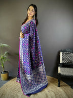 Joban Fashion Blue Jacquard Woven Pattern Lichi Soft Silk Banarasi Saree | Grocsy