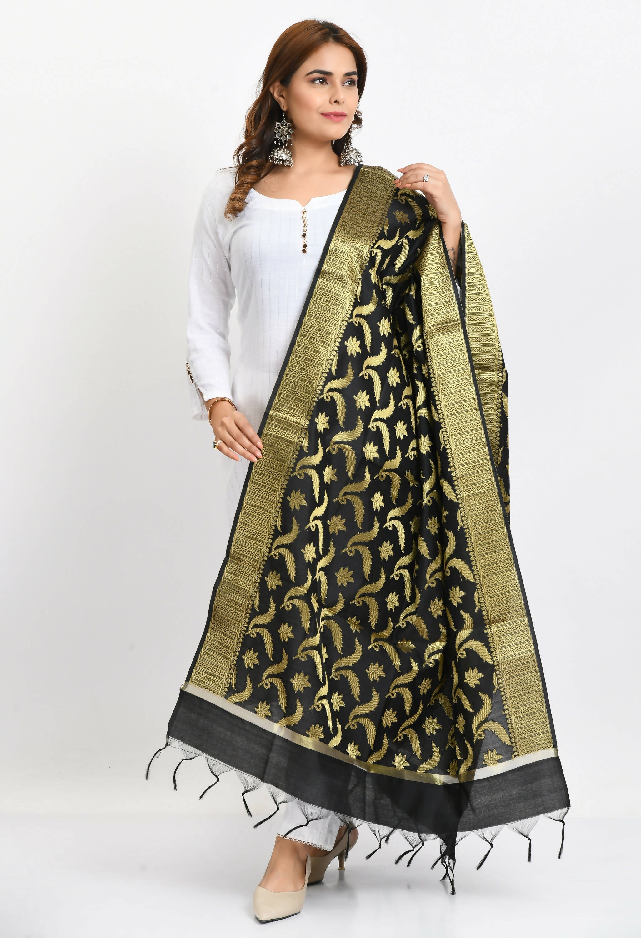 Mominos Fashion Moeza Women's Banarsi Silk Floral Woven Design Black Dupatta | Grocsy