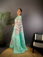 Joban Fashion Cyan Blue Floral Motifs Banarasi Silk Sarees | Grocsy