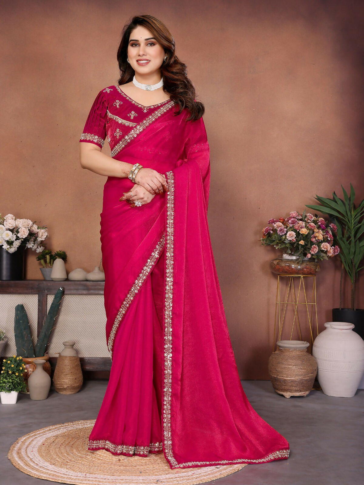 Teeya Creation Trendy Stylish Party Wear Fendy Chiffon Saree-Pink | Grocsy