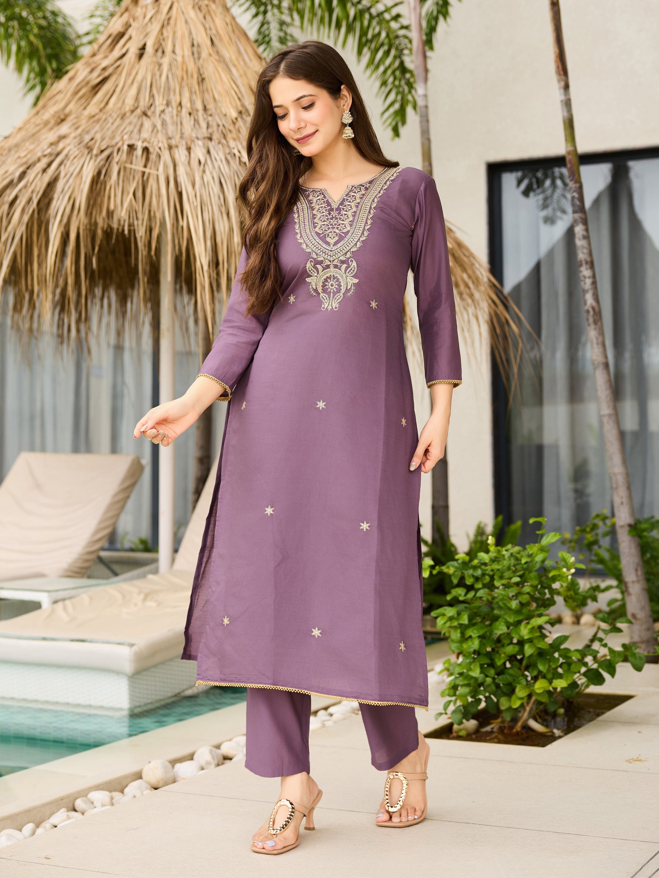 The52 Women's Gorgeous Viscose Embroidery work Straight Kurta with Pant and Dupatta Set | Grocsy