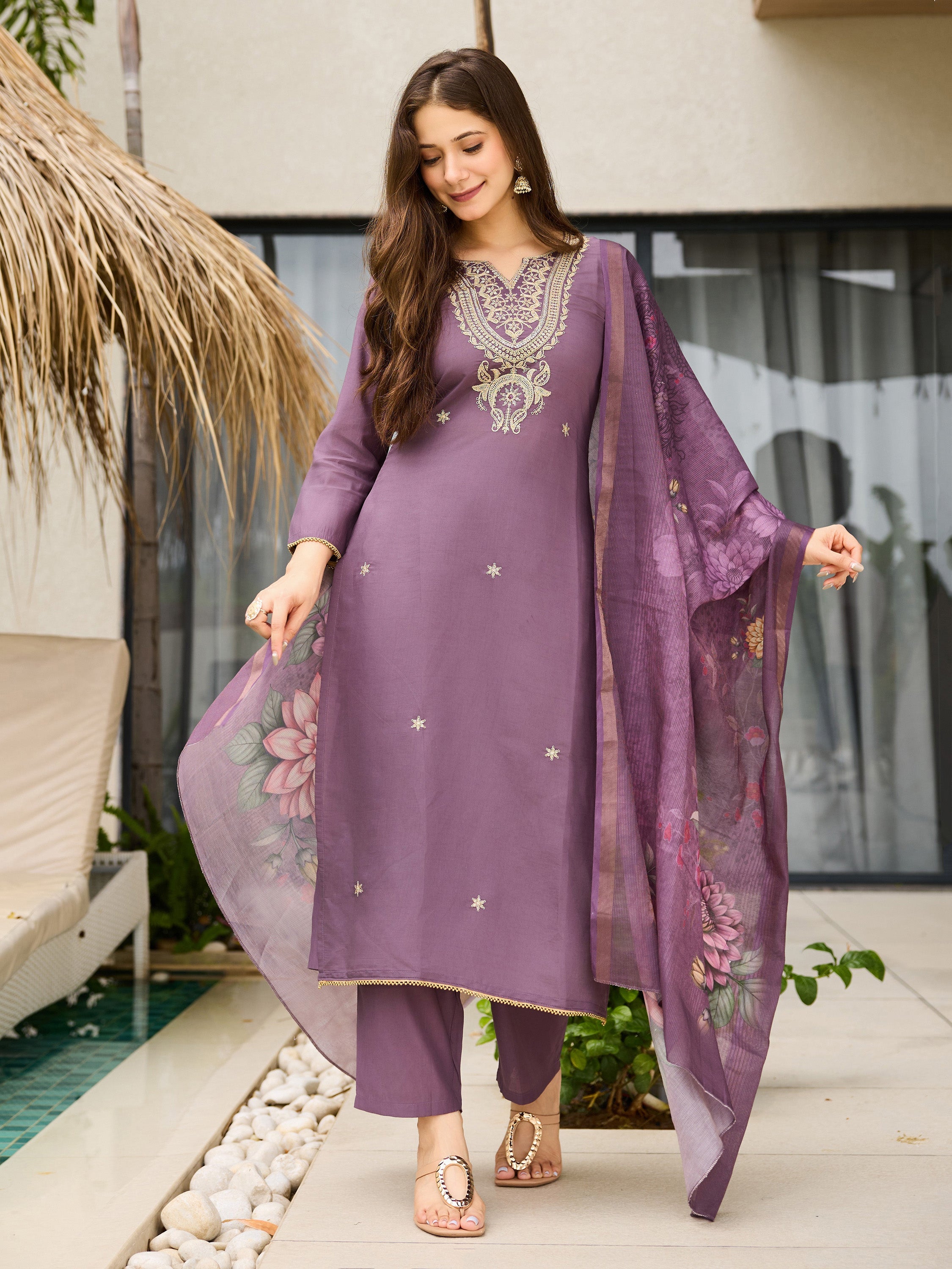 The52 Women's Gorgeous Viscose Embroidery work Straight Kurta with Pant and Dupatta Set | Grocsy