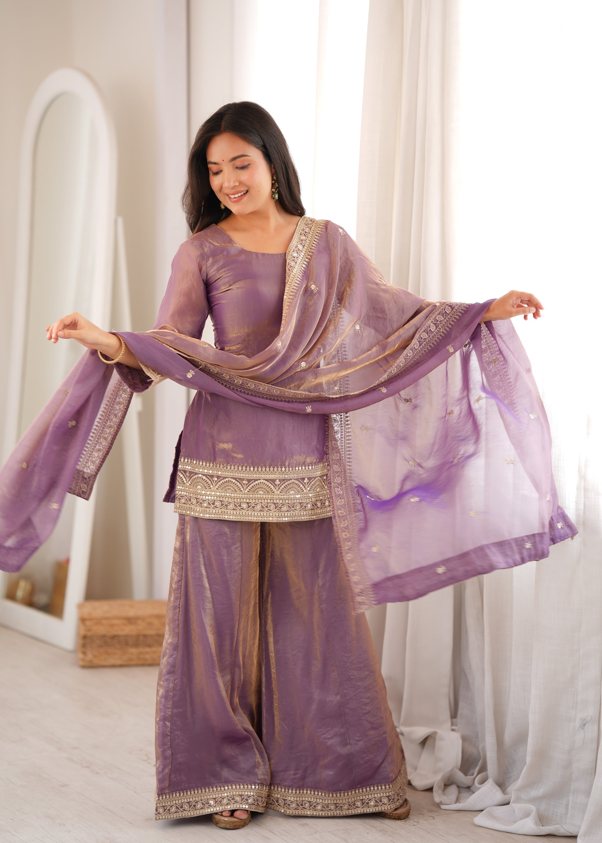 Lorenvalley Fashion Dusty Pink Fendi Silk with Embroidery Sequence Dori and Zari Work Kurta Palazzo with Dupatta | Grocsy