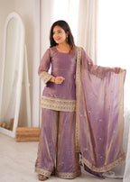 Lorenvalley Fashion Dusty Pink Fendi Silk with Embroidery Sequence Dori and Zari Work Kurta Palazzo with Dupatta | Grocsy