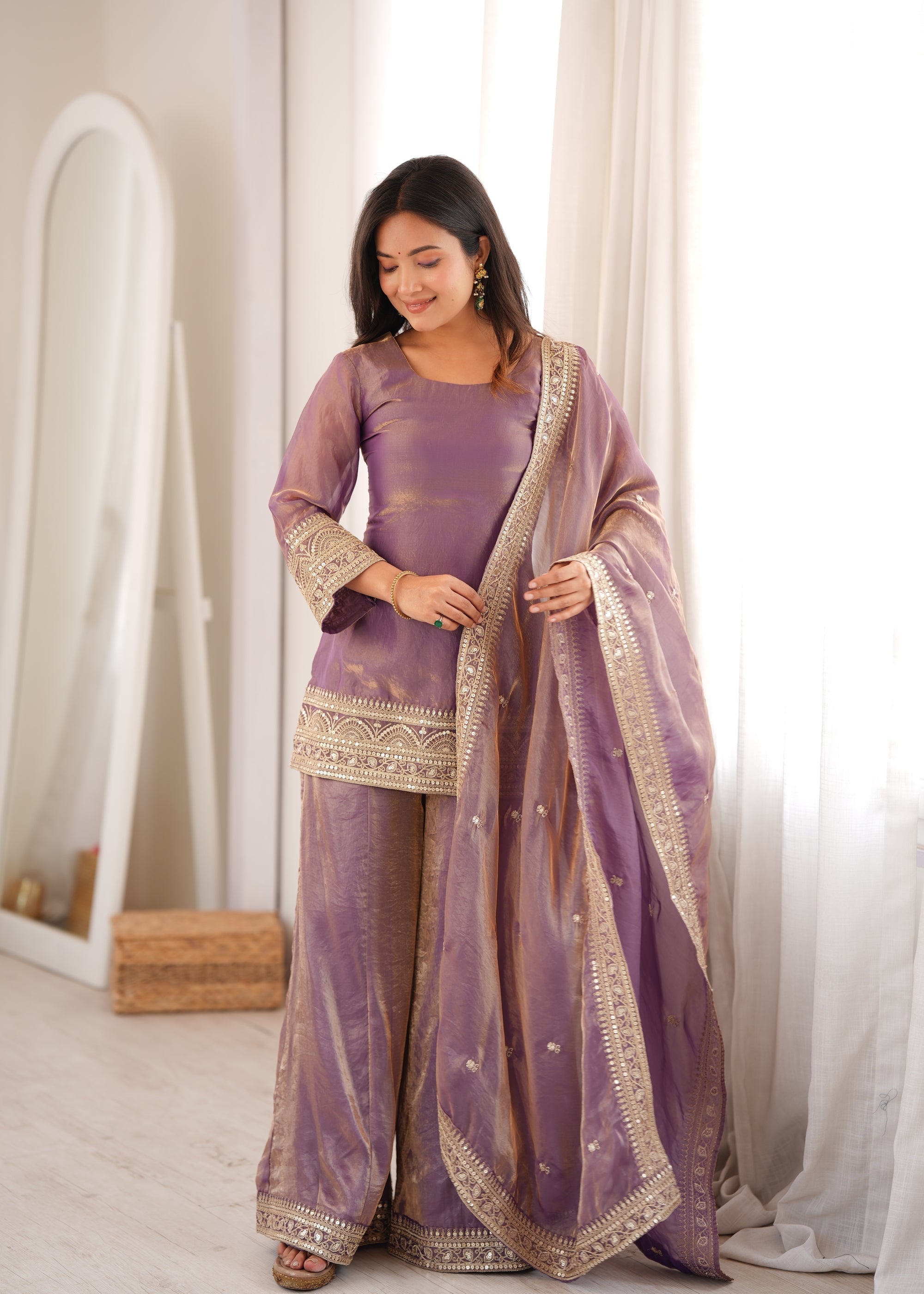 Lorenvalley Fashion Dusty Pink Fendi Silk with Embroidery Sequence Dori and Zari Work Kurta Palazzo with Dupatta | Grocsy
