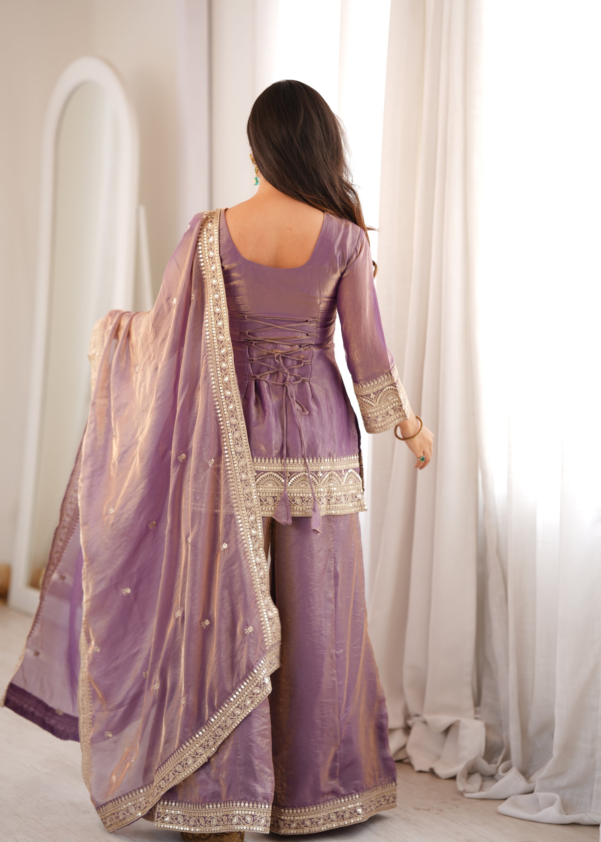 Lorenvalley Fashion Dusty Pink Fendi Silk with Embroidery Sequence Dori and Zari Work Kurta Palazzo with Dupatta | Grocsy