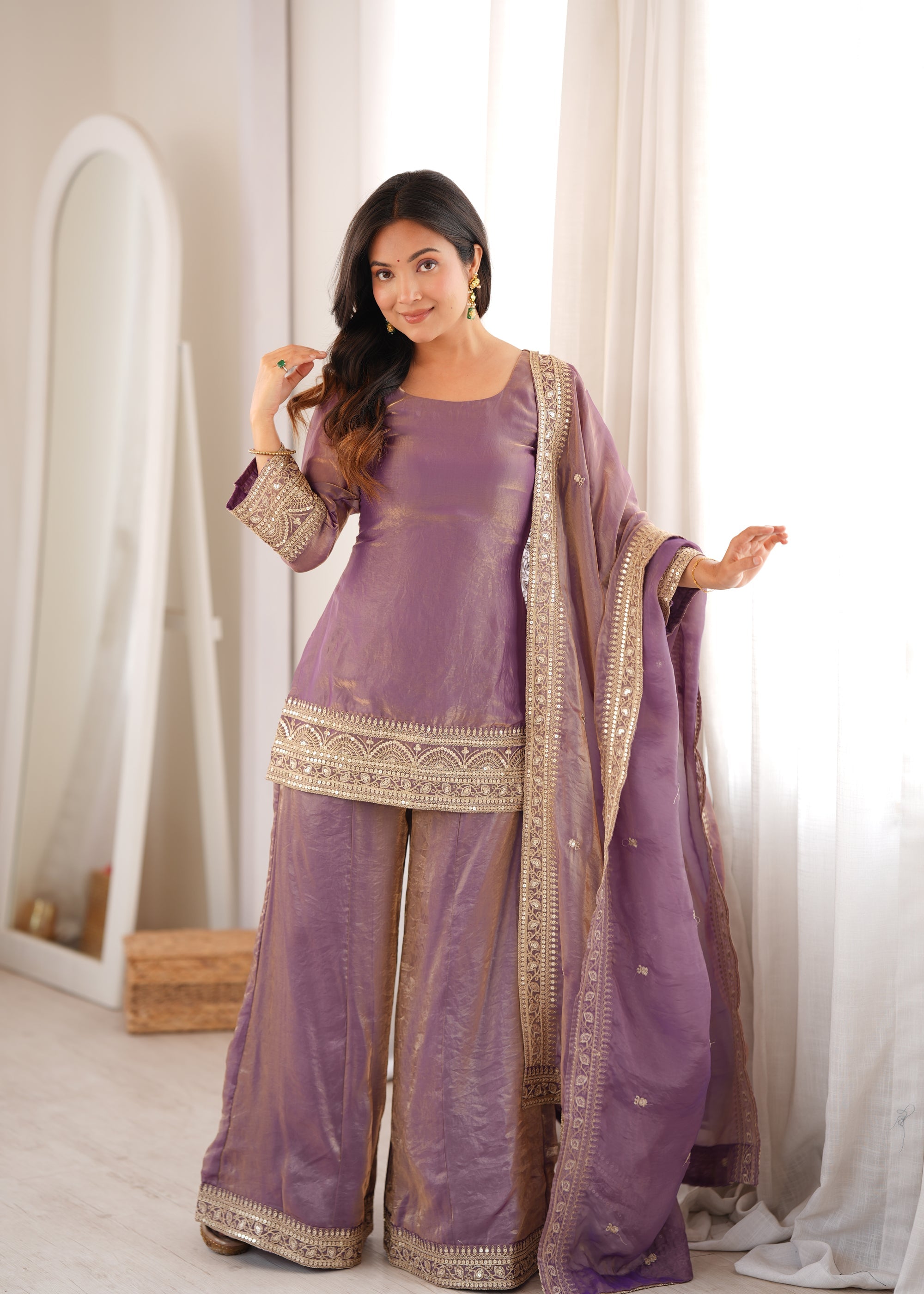 Lorenvalley Fashion Dusty Pink Fendi Silk with Embroidery Sequence Dori and Zari Work Kurta Palazzo with Dupatta | Grocsy