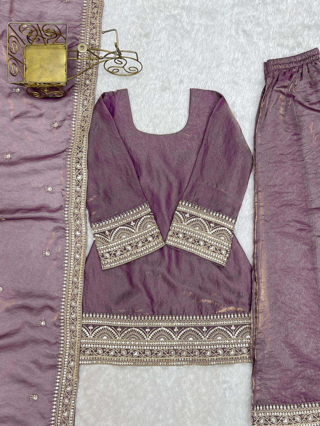 Lorenvalley Fashion Dusty Pink Fendi Silk with Embroidery Sequence Dori and Zari Work Kurta Palazzo with Dupatta | Grocsy