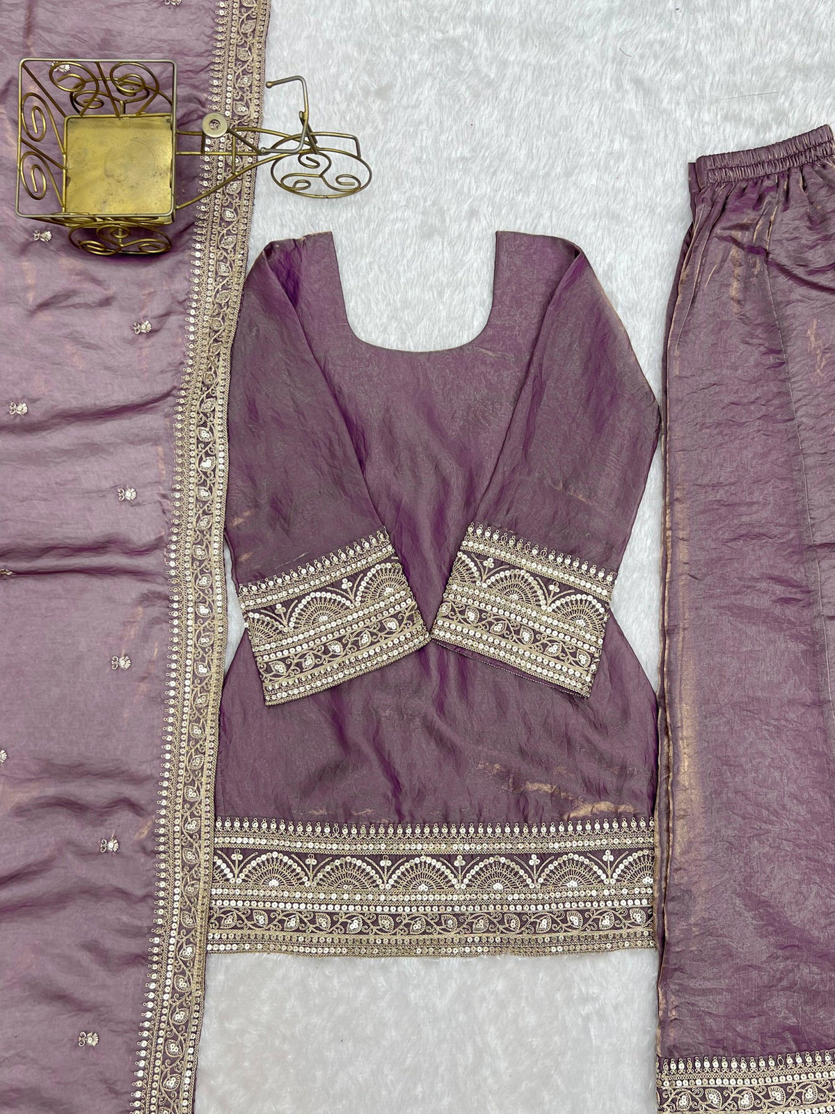 Lorenvalley Fashion Dusty Pink Fendi Silk with Embroidery Sequence Dori and Zari Work Kurta Palazzo with Dupatta | Grocsy