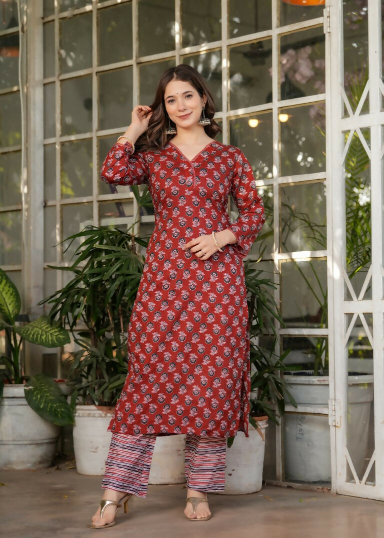 Red Pure Cotton Printed Anarkali Suit with Dupatta - Rashmika | Grocsy