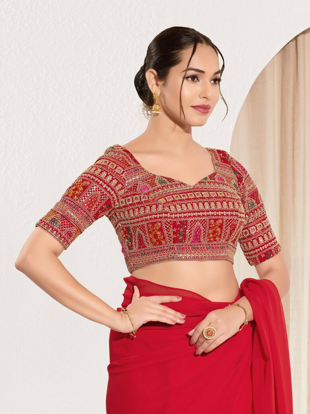 Joban Fashion Red Brocade Padded Blouse With Sweetheart Neck Elbow Sleeves | Grocsy