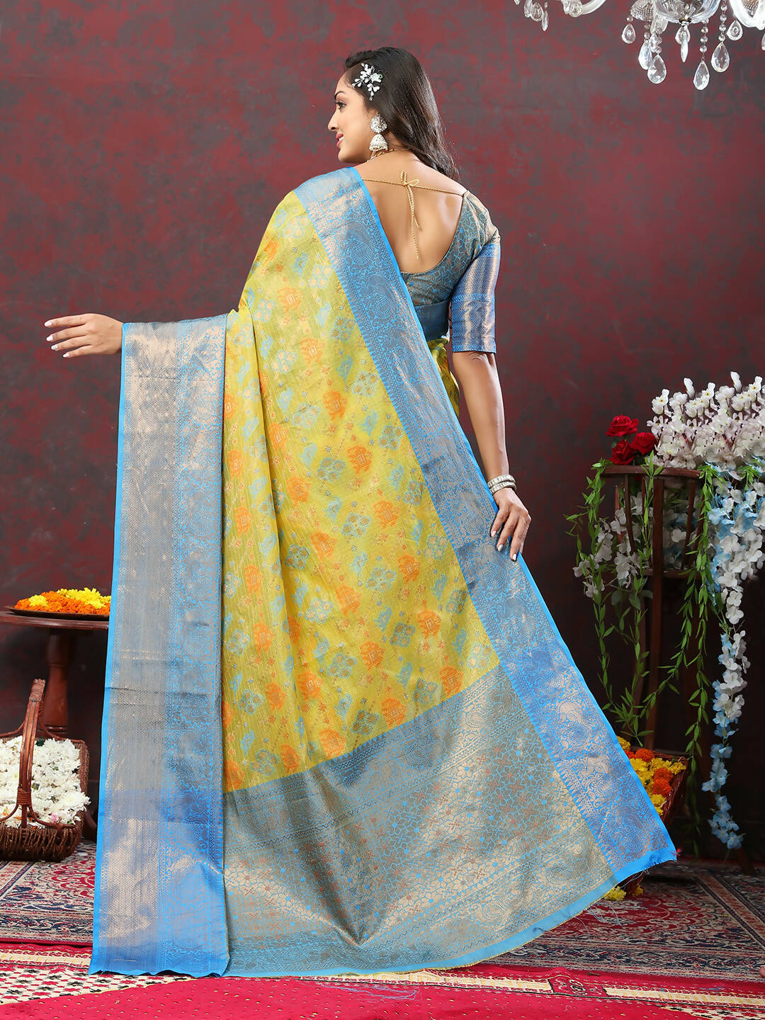Lorenvalley Fashion Yellow Cotton Woven Design Zari Meenakari Weaving Saree | Grocsy