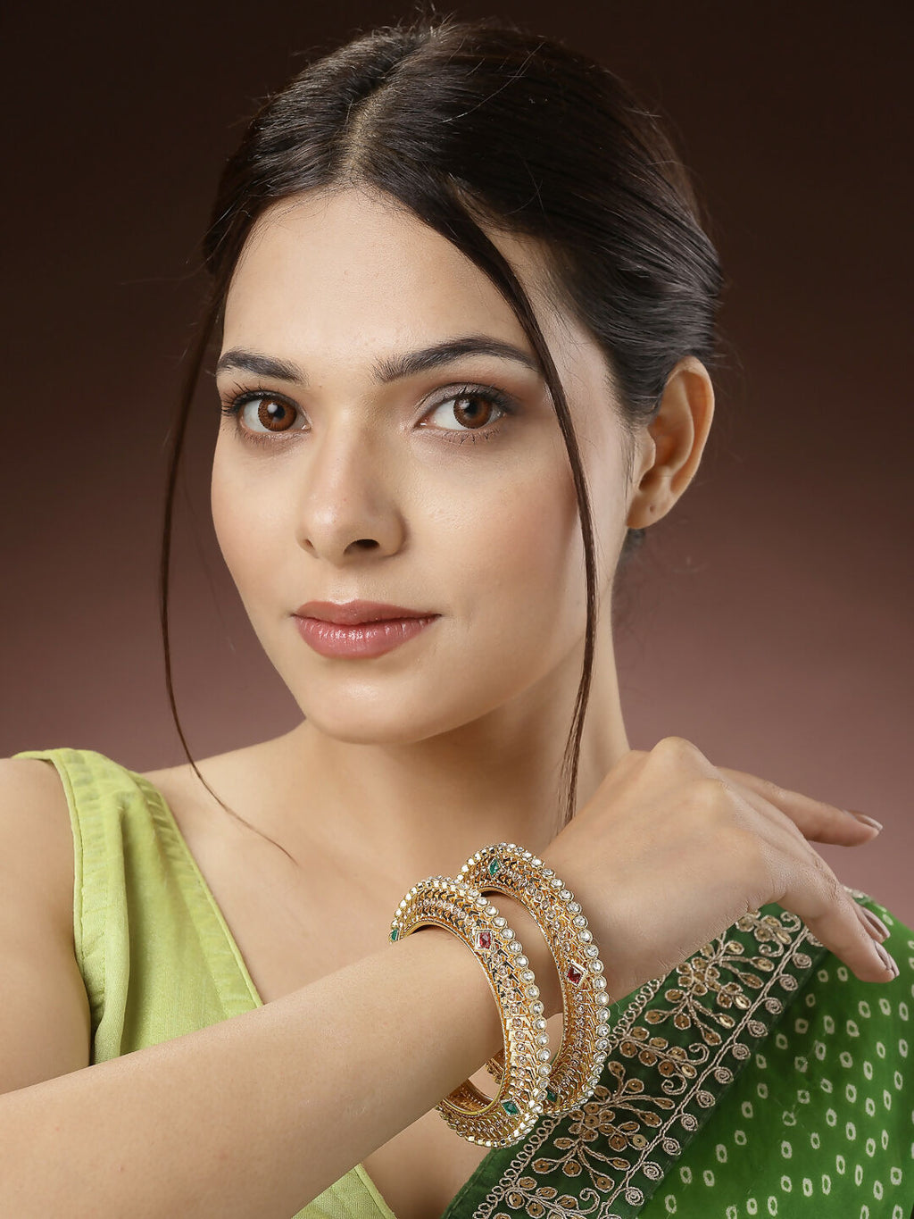 NVR Women's Set of 2 Gold-Polished Kundan Traditional Bangles