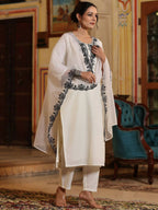 Juniper Women's White Chinnon Solid Embroidered Kurta Set | Grocsy