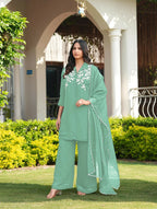Nikhaar Light Green Embroidered Viscose Georgette Stitched Straight Cut Kurta Culottes Dupatta Readymade Suit | Grocsy