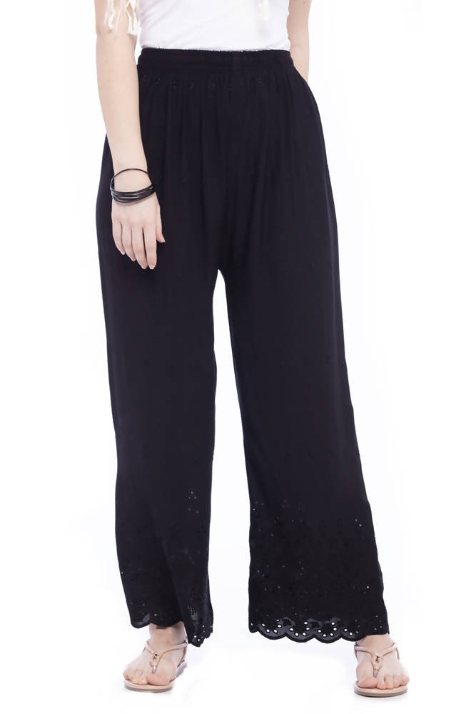 Mominos Fashion Reyon Cotton Black Embroidery Chikan Palazzo | Grocsy
