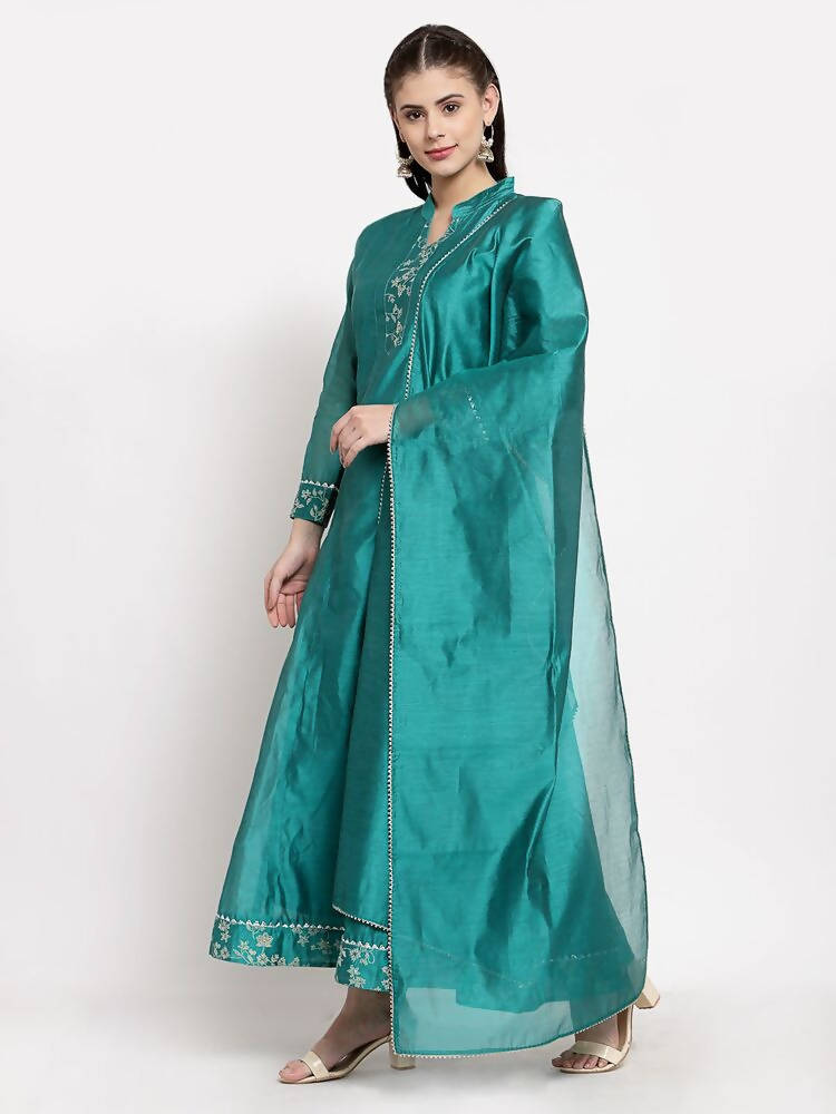 Myshka Women's Green Silk Solid Full Sleeve Mandarin Neck Casual Anarkali Gown | Grocsy