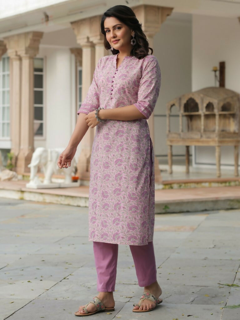 Aramya Straight Soft Cotton Floral Print Women's Kurta - Pink | Grocsy