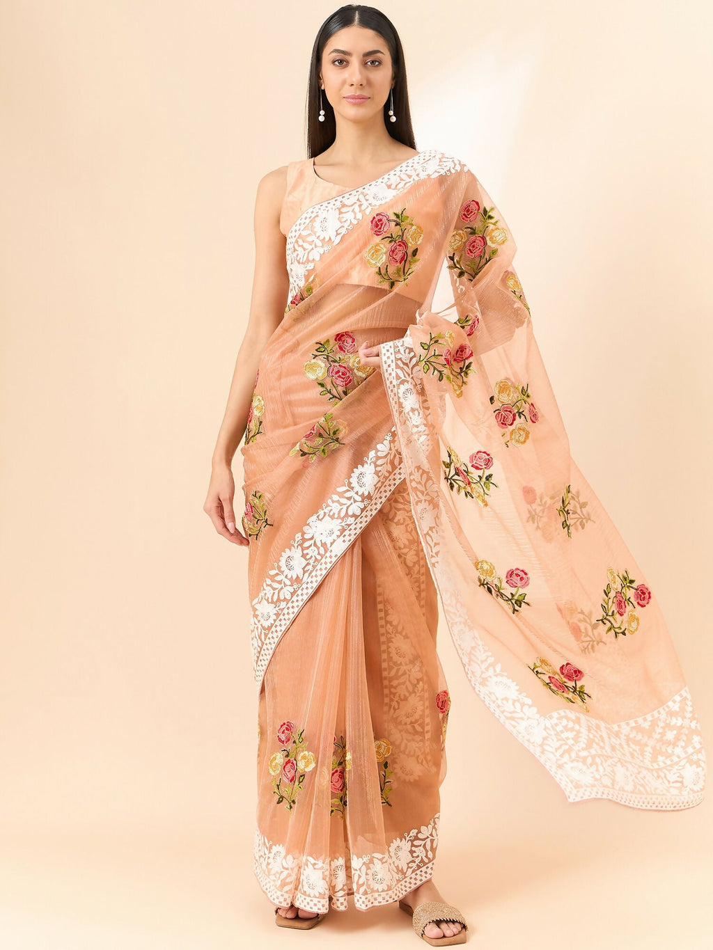 Peach Organza Floral Embroidered Saree with Unstitched Blouse Piece - Roozal | Grocsy