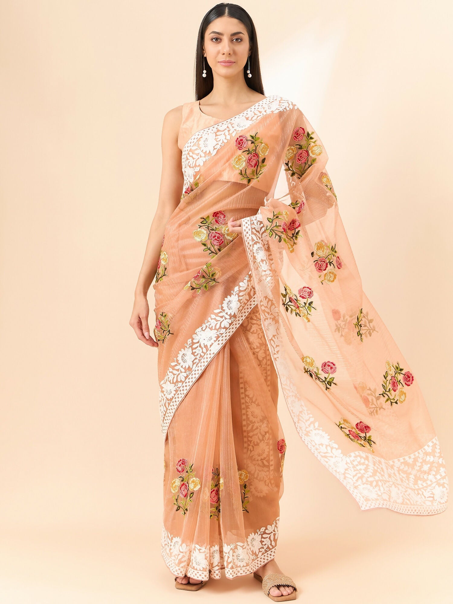 Peach Organza Floral Embroidered Saree with Unstitched Blouse Piece - Roozal | Grocsy
